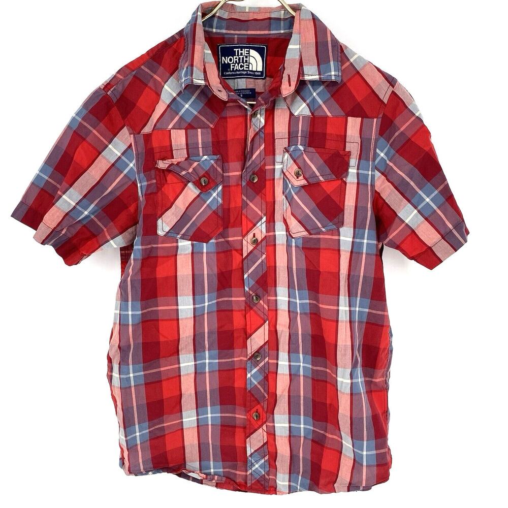 The North Face Plaid Shirt Mens Small Red Western Button Up Short Sleeve